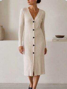 For Days Ribbed Button-Front Midi Sweater Dress in Cream
